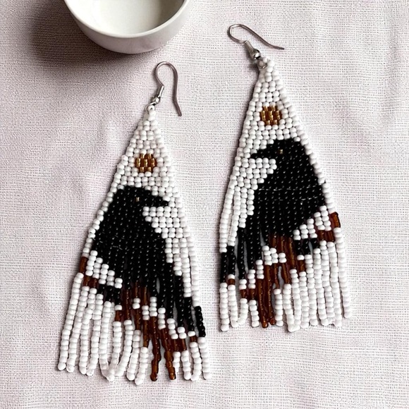 Handcrafted Raven Beaded Earrings Fringe Boho Witchy - Picture 8 of 16